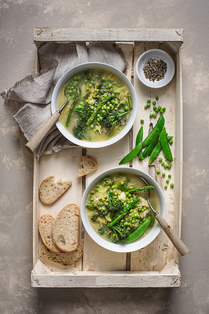 Spring vegetable chunky soup, view from above