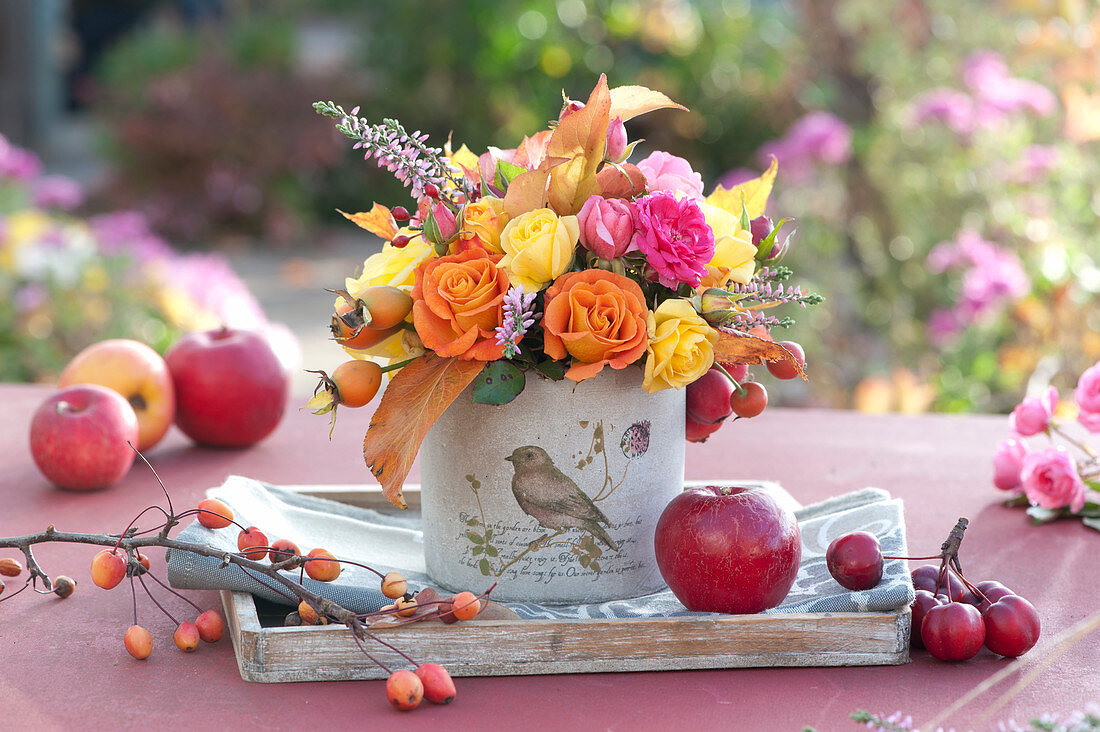 Autumn Bouquet Of Roses, Rose Hips, Heather And Leaves