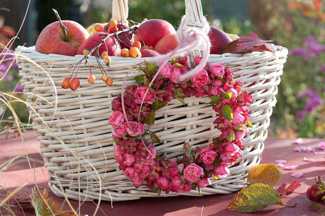 Pink Autumn Wreath Of Roses And Pfaffenhütchen Basket