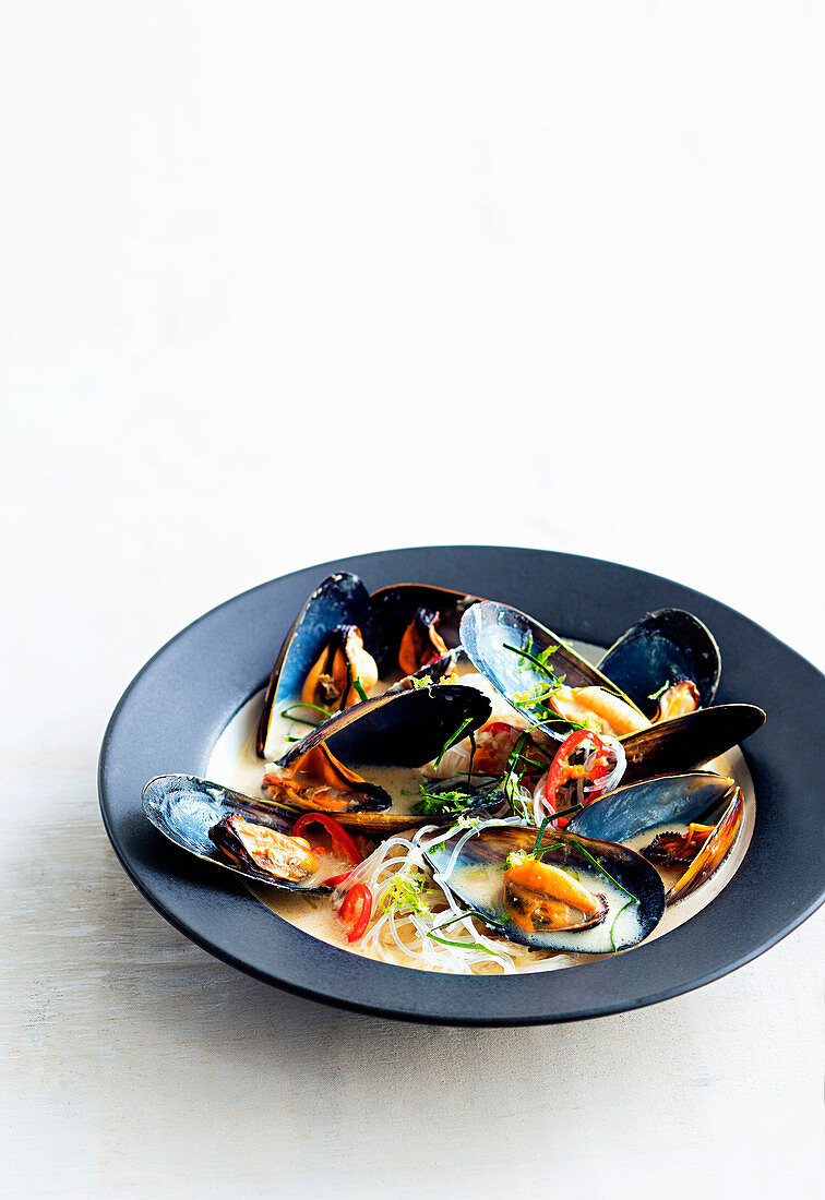 Coconut and lemongrass mussels with noodles