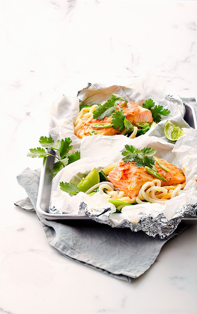 Salmon and udon parcels with miso butter