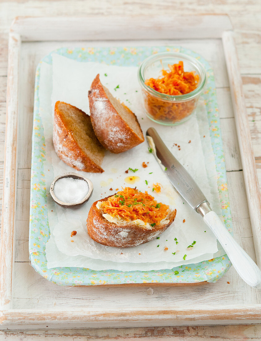 Bread with butter and a carrot spread