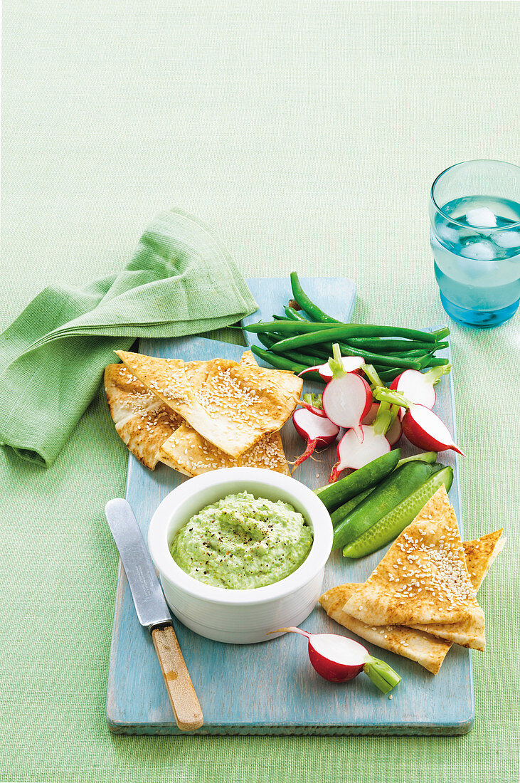 Broad bean and labne dip with sesame pitta