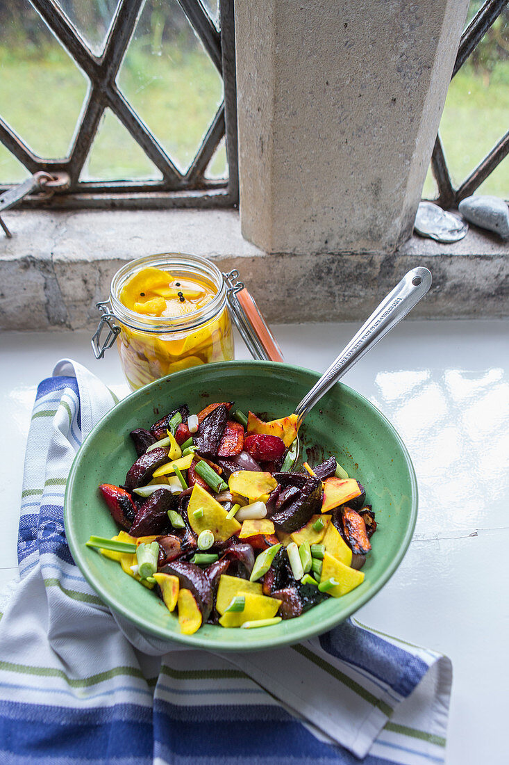 Roasted root vegetables with pickled winter radish