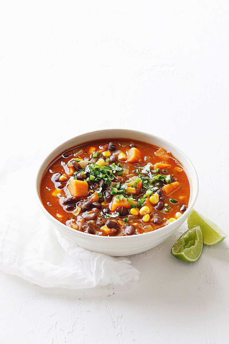 Spicy black bean and corn soup with chilli