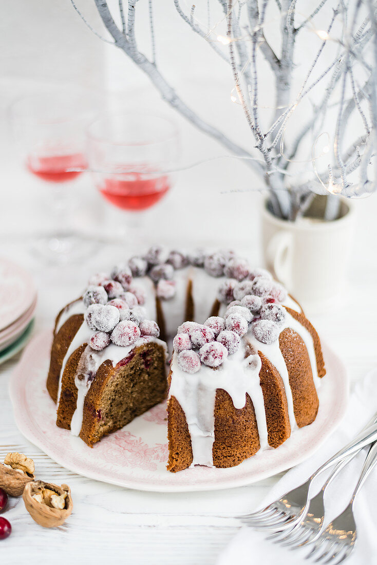 Weihnachtlicher Napfkuchen mit Cranberries und Zuckerglasur