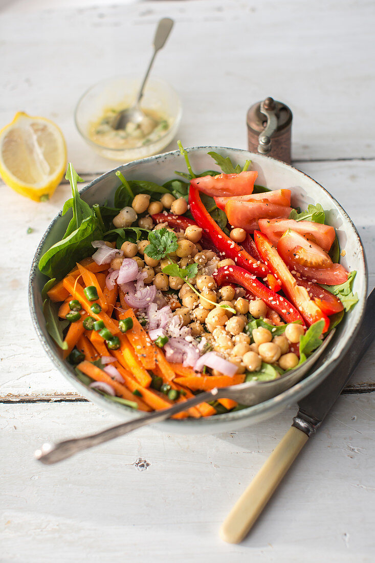 A salad bowl with carrots, onions, chickpeas, peppers and tomatoes