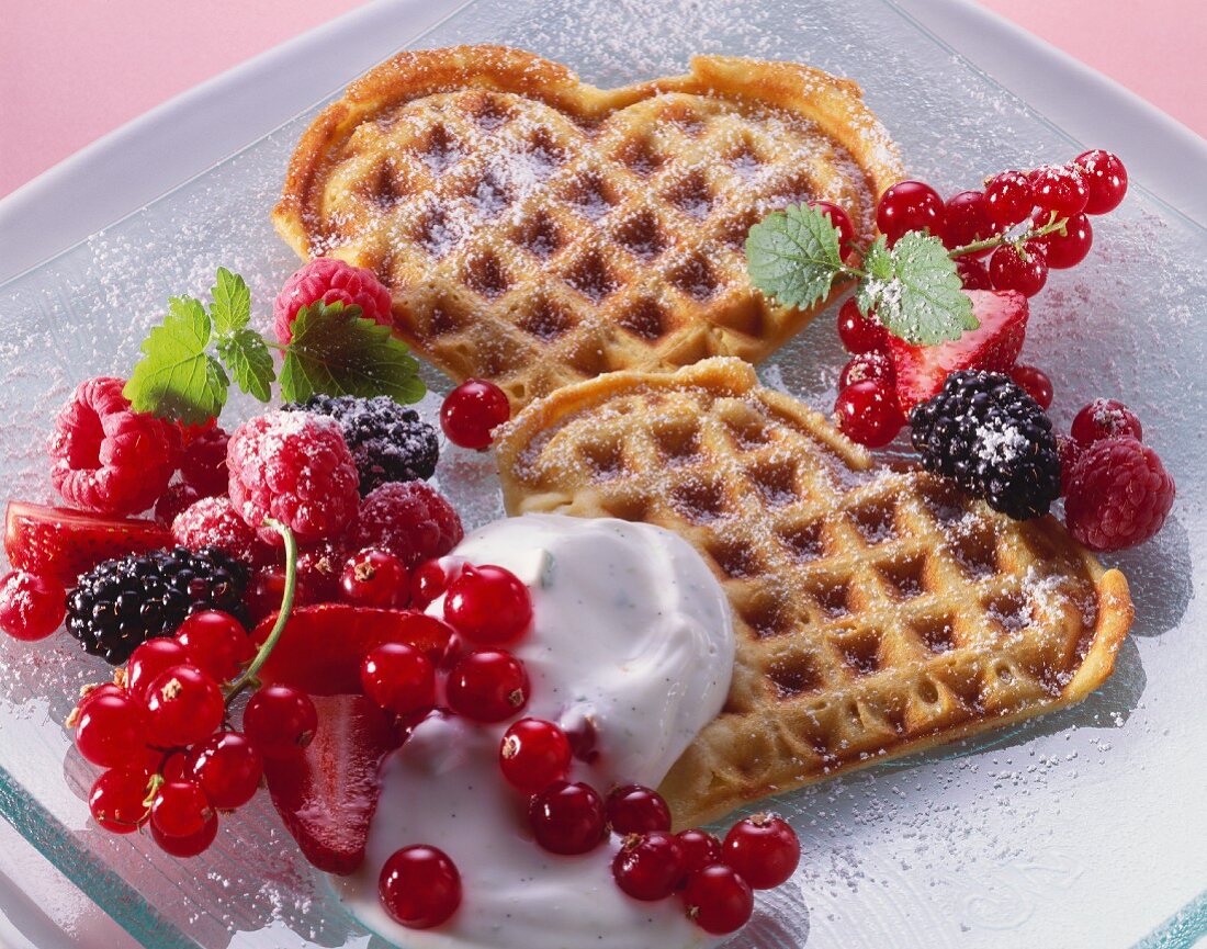 Heart-Shaped Waffles with Assorted Berries