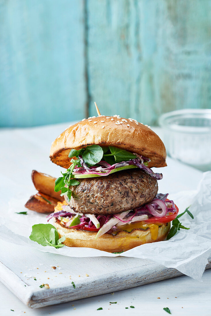 Lamb and mint burger with apple slaw in a brioche bun