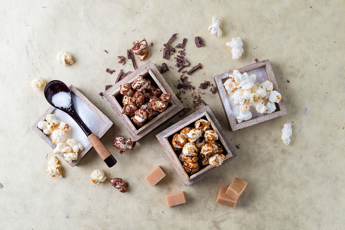 Various popcorns: sweet, salty, with chocolate and caramel
