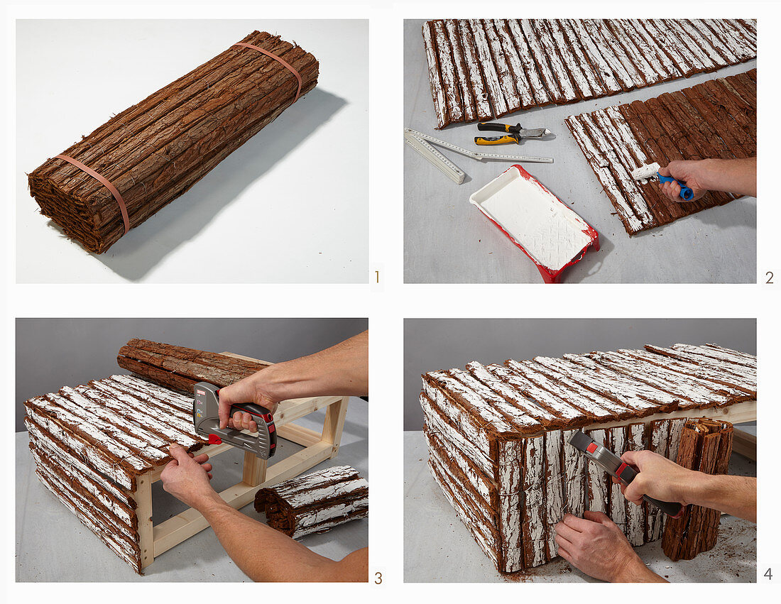 Instructions for making a coffee table from wood and bark mats