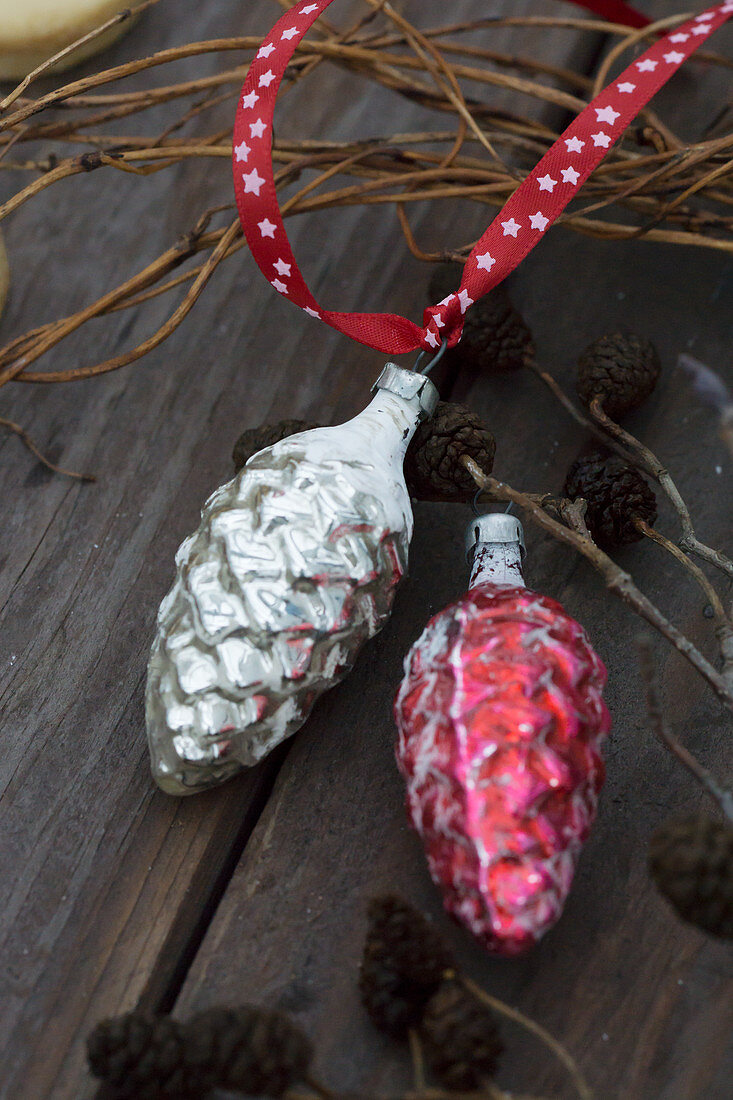 Antique, glass, pinecone Christmas baubles