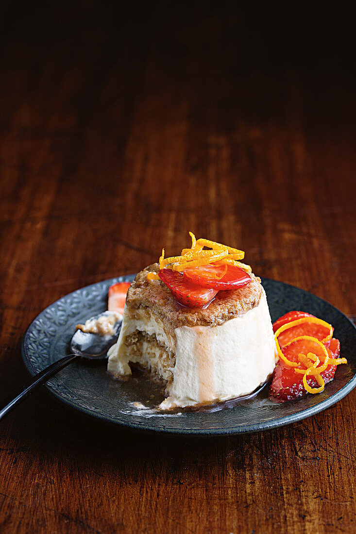 Coconut custard stacks with macerated strawberries