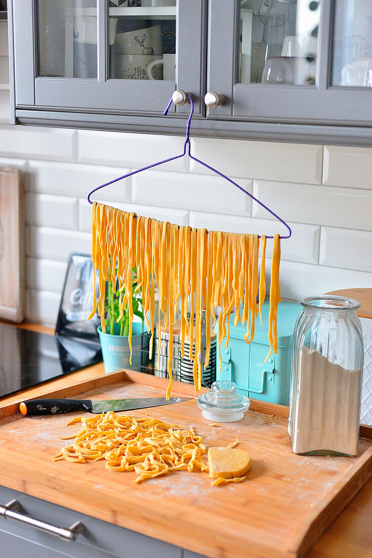 Tagliatelle pasta, drying pasta, drying pasta on a hanger