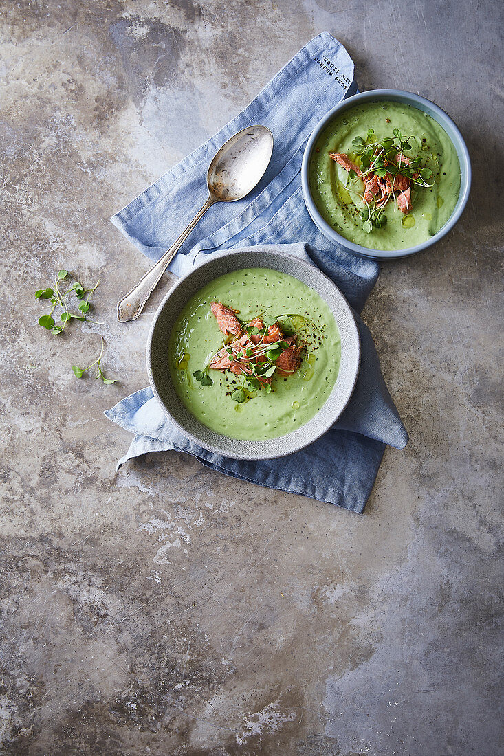 Cold avocado and cucumber soup with yoghurt, served with smoked salmon