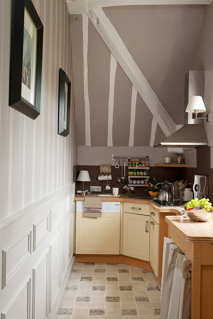 Base units in narrow kitchen with sloping ceiling