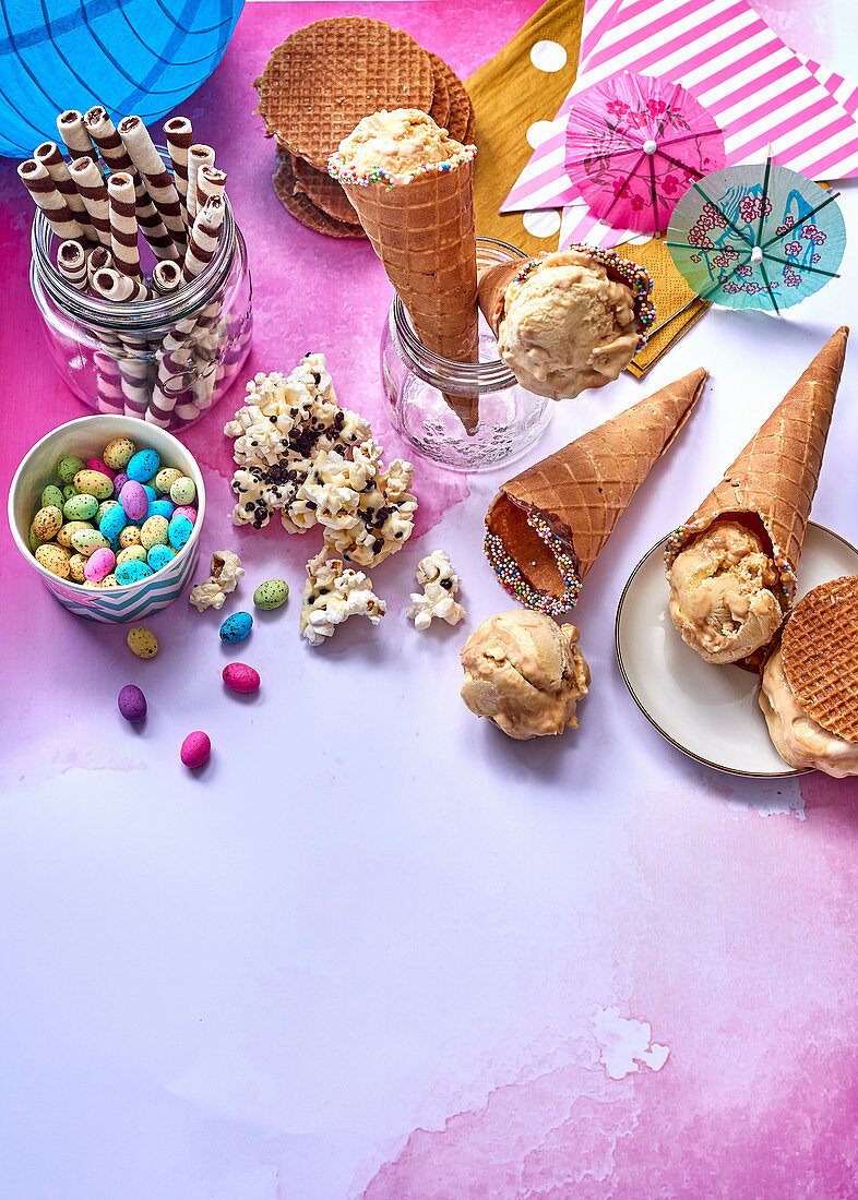 Popcornand caramel ice cream in waffle cones