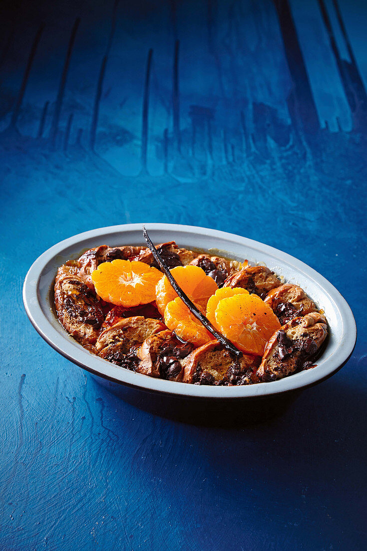 Choc-brioche pudding with spiced mandarins