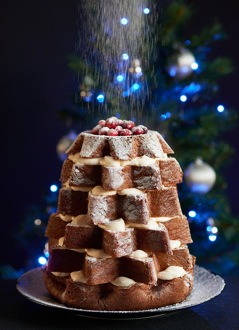 A Pandoro cake filled with cream and dusted with icing sugar, topped with Cranberries and sitting in from of a Christmas tree