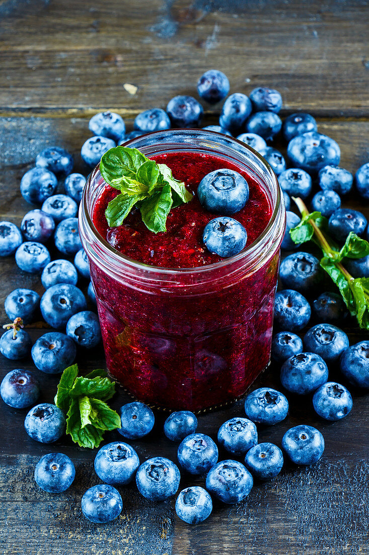 A homemade blueberry smoothie in a glass