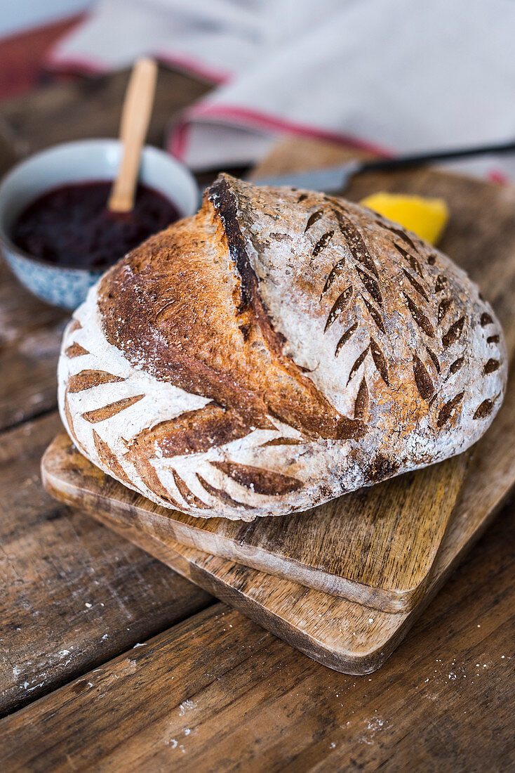 Fresh sourdough bread with a decorative crust