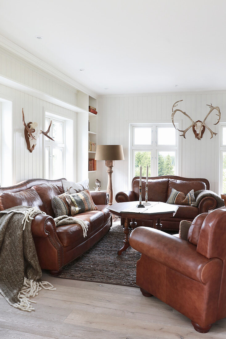Brown leather sofa set in classic living room