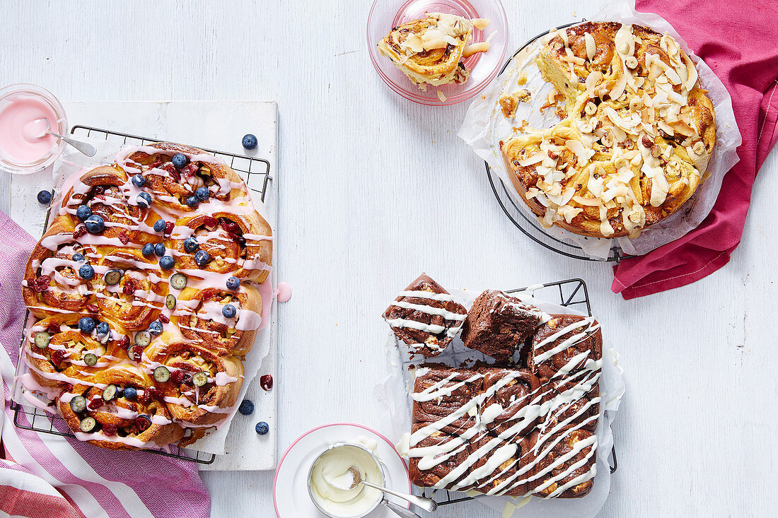 Three kind of scrolls with caramel custard, fruit cinnamon and chocolate