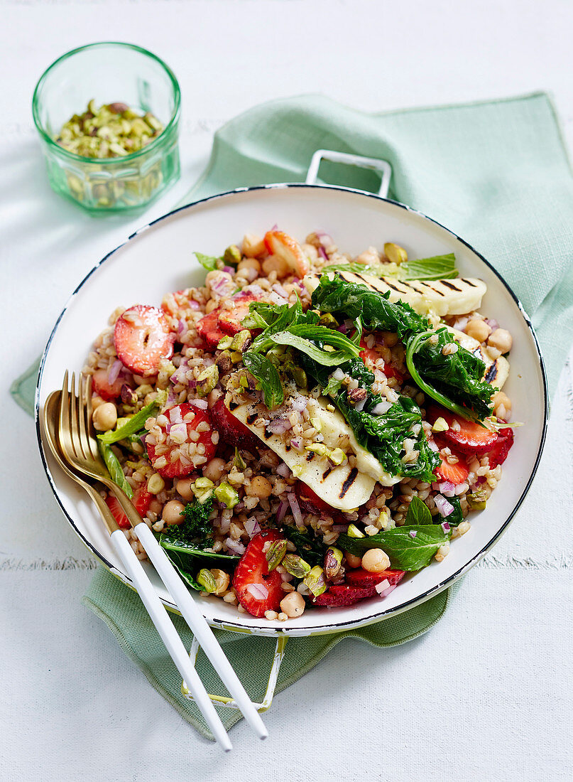 Barley, Kale and Strawberry Salad with Haloumi