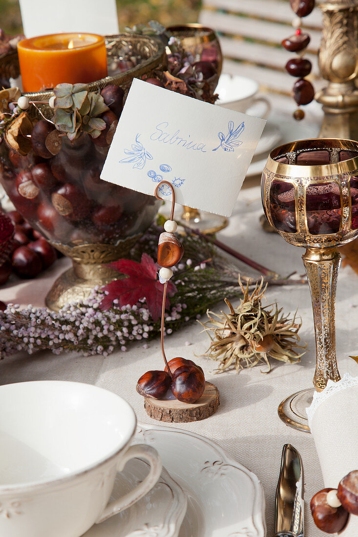 Table set for autumn with place card holders handmade from horse chestnuts