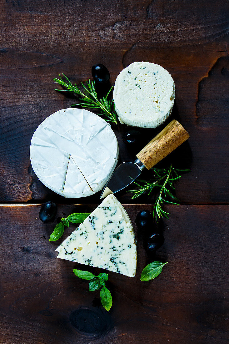 Verschiedene Käsesorten, dazu Oliven, Basilikum und Rosmarin