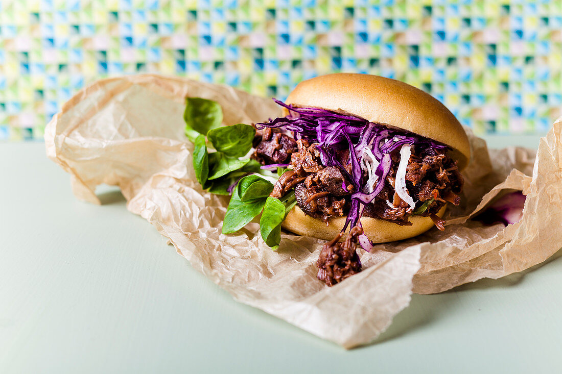 A vegan burger with red cabbage