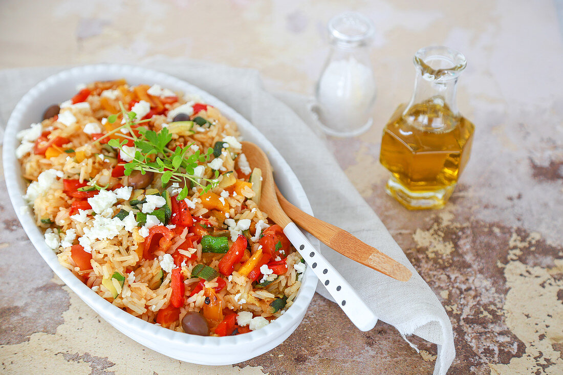 Basmati rice with peppers, grilled zucchini, feta, cherry tomatoes, spring onion and fresh aromatic herbs