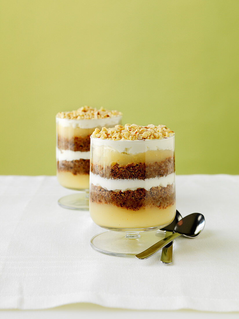 Veiled Country Lass (Layered bread pudding desserts with applesauce and cream, Denmark)