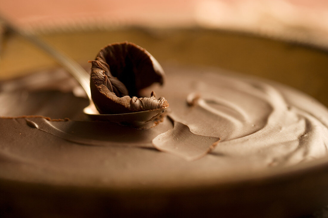 Schokoladenfudge mit Löffel (Close Up)