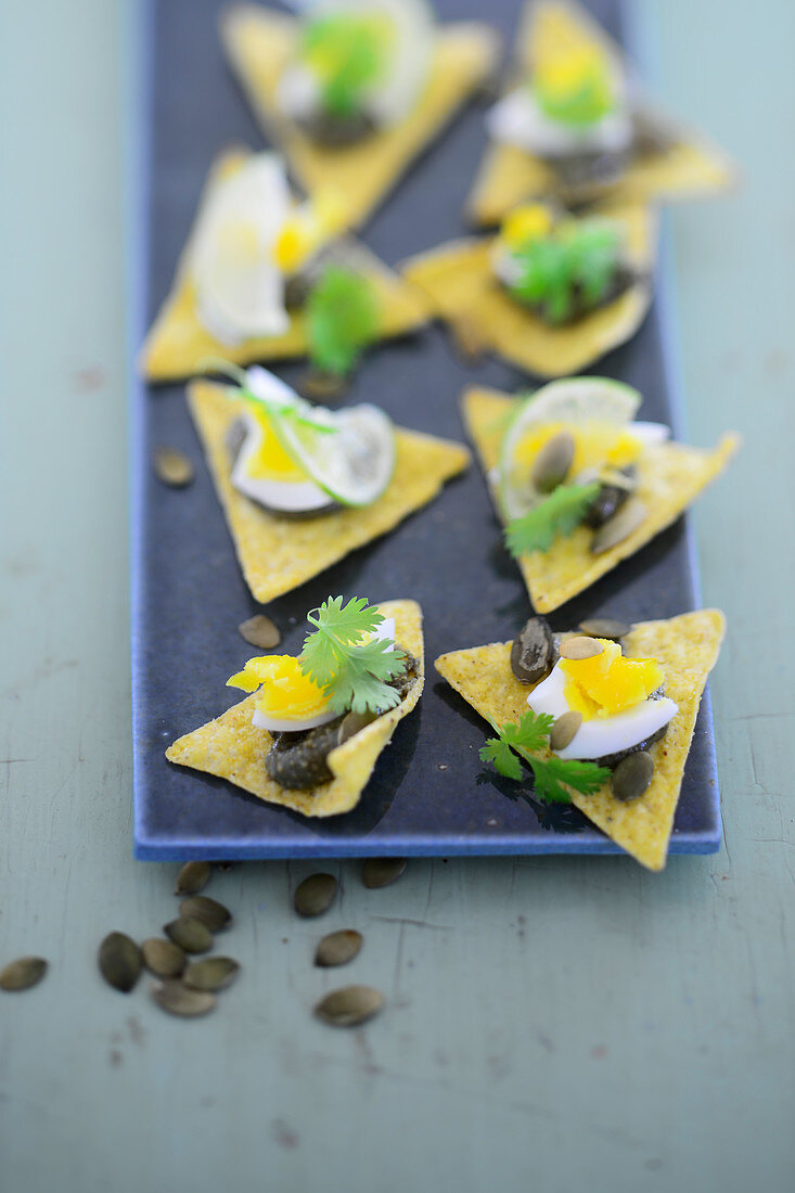 Tortilla chips with pumpkin seed paste