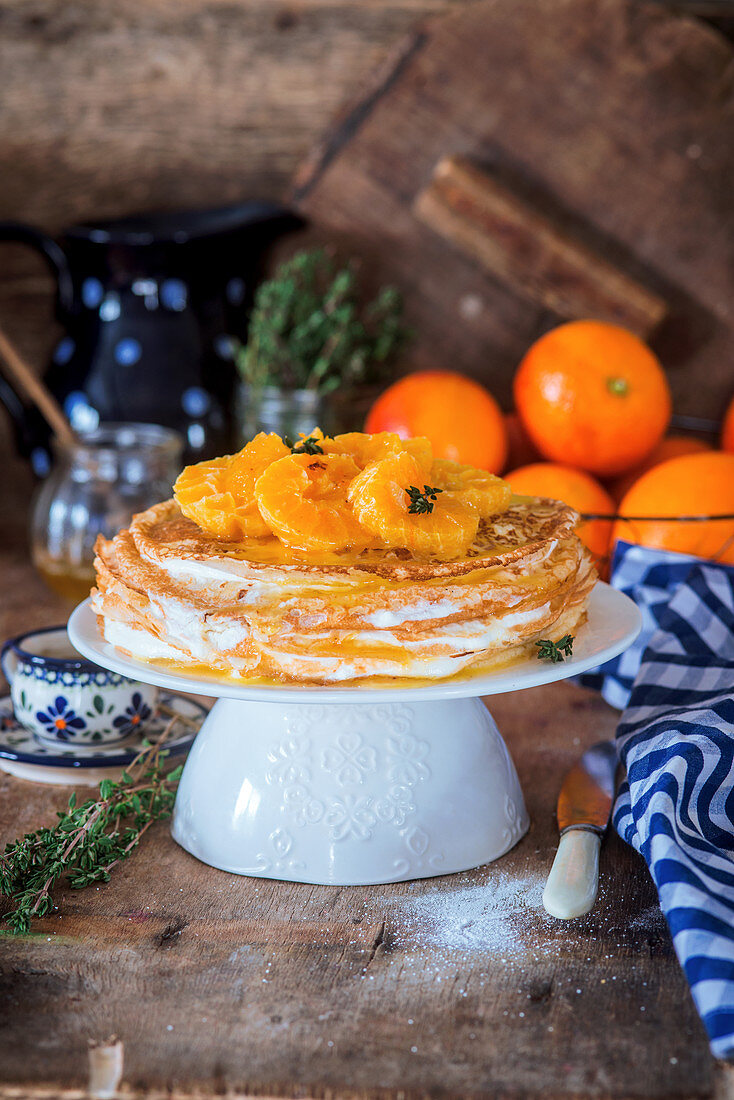 Pancake cake with tangerines