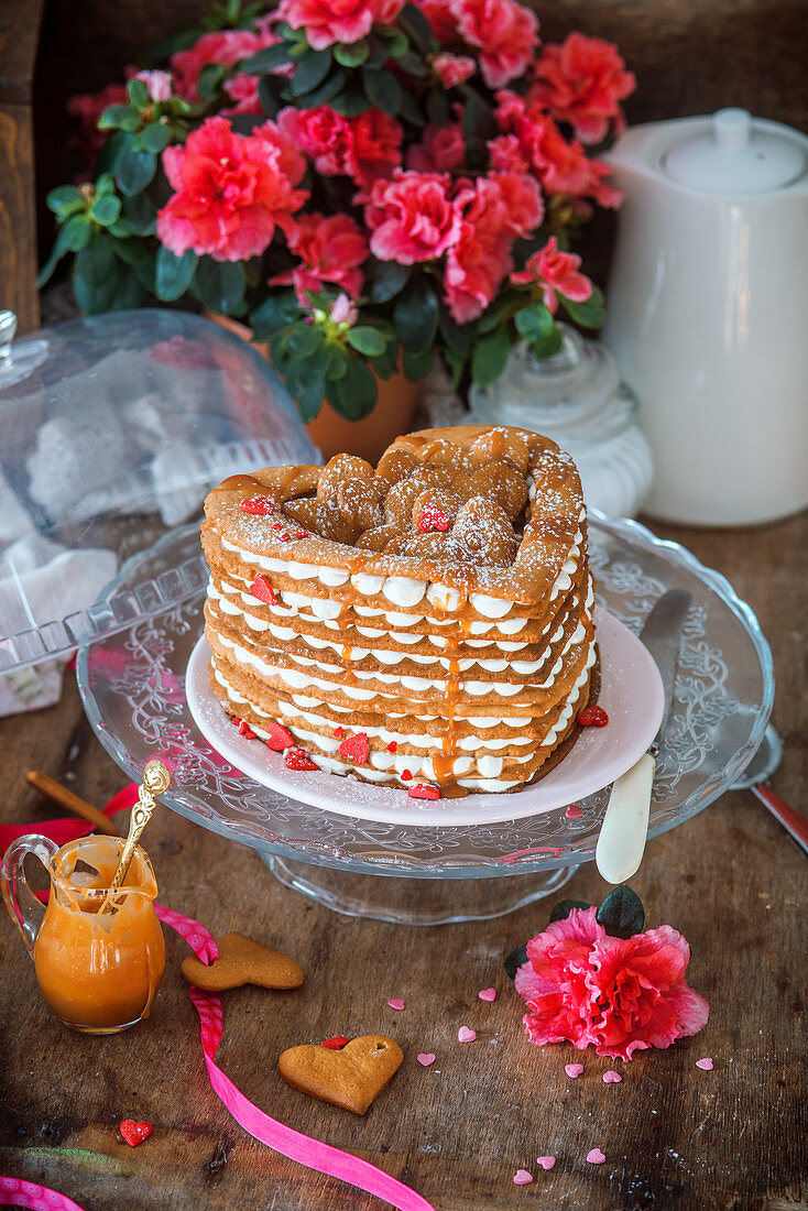 Valentines day cake with honey cake layers and sour cream