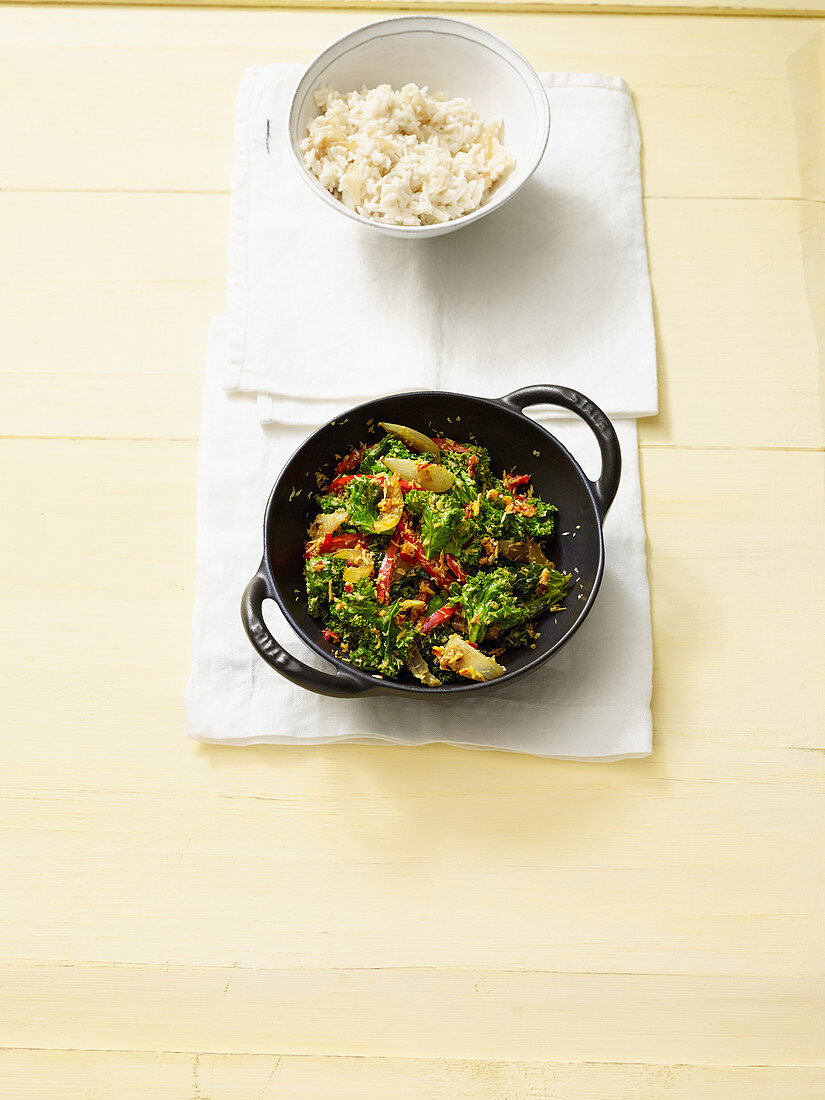 Stir fried kale with coconut rice