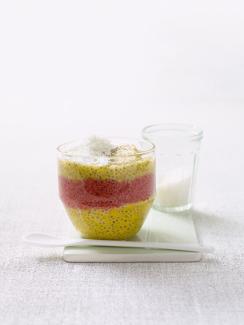 Kokos-Chia-Pudding mit Mango und Himbeeren