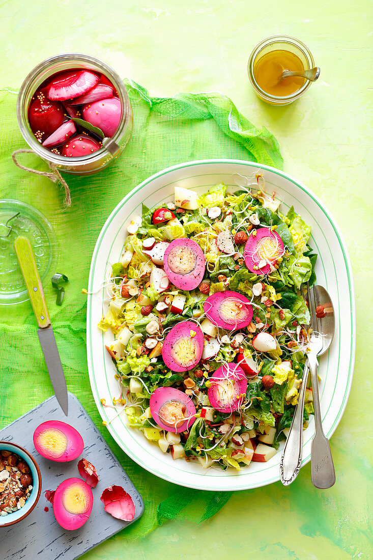 A mixed salad with marinated eggs