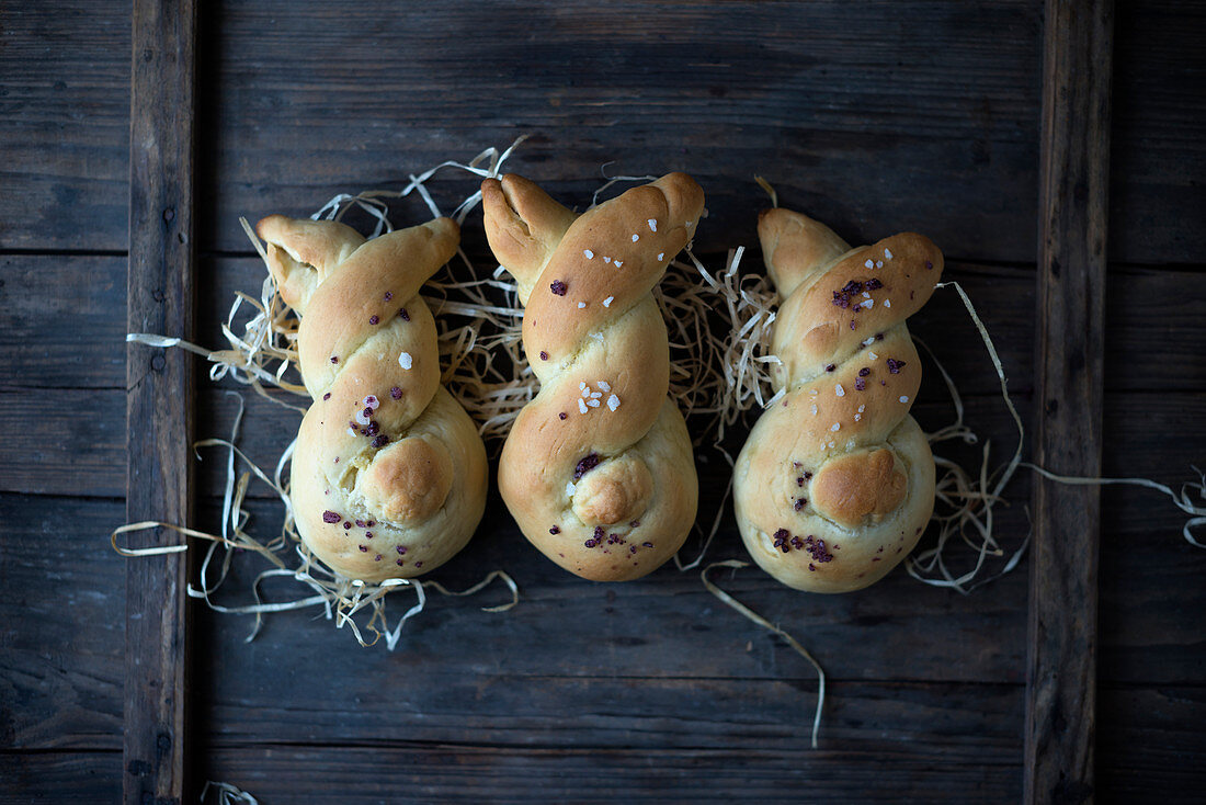 Sweet vegan yeast buns shaped like bunnies with sugar nibs