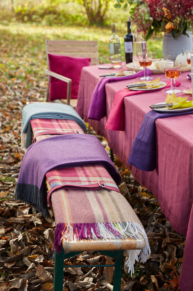 A festively laid table in an autumnal garden