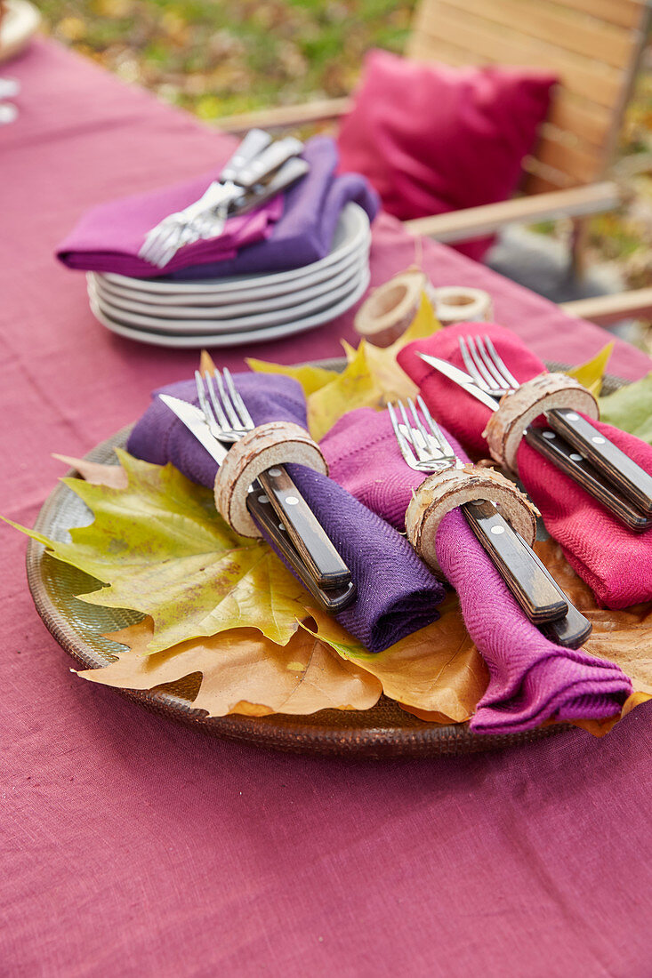 DIY napkin rings made from birch branches, colourful napkins and cutlery on autumnal leaves
