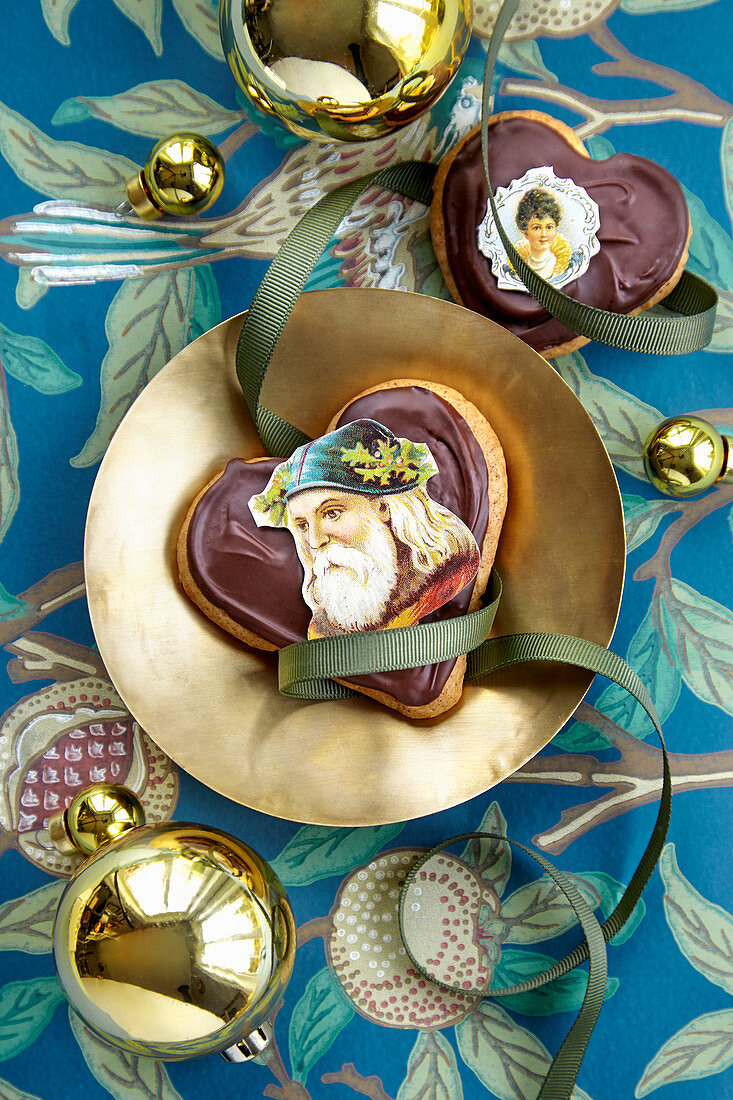 Gingerbread hearts with chocolate icing for gifting at Christmas