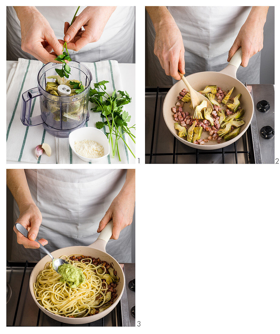 Spaghetti alla Chitarra in Verde mit Pancetta und Artischocken zubereiten