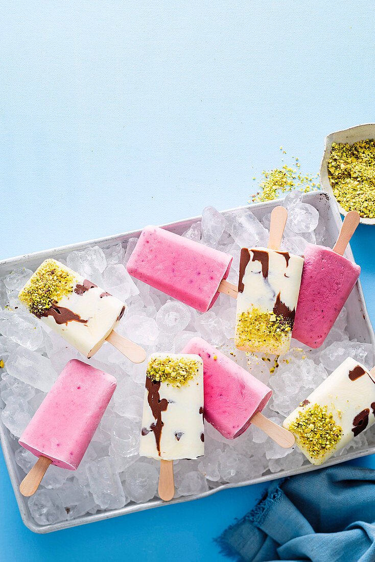 Mixed berry yoghurt pops, Chocolate and pistachio yoghurt pops