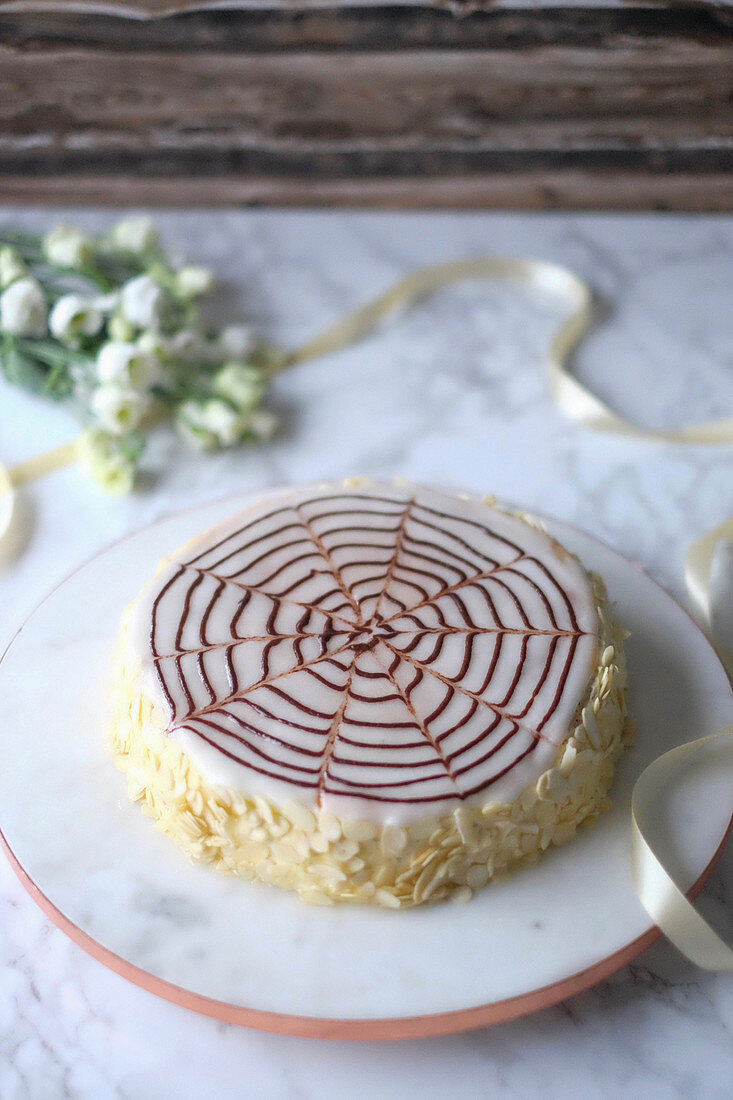 An Esterhazy cake with flaked almonds