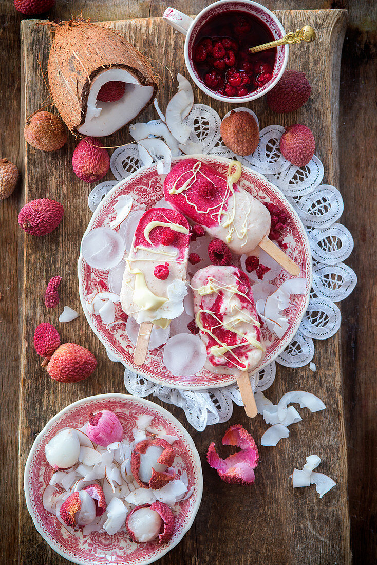 Coconut and raspberry ice cream with lychee