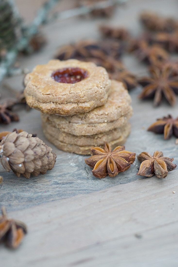 Linzer Plätzchen (nutty shortcrust jam sandwich biscuits with holes on top) for Christmas