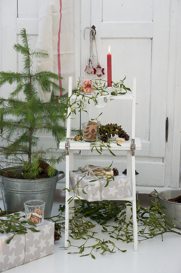 Candle and biscuits on step stool next to small Christmas tree